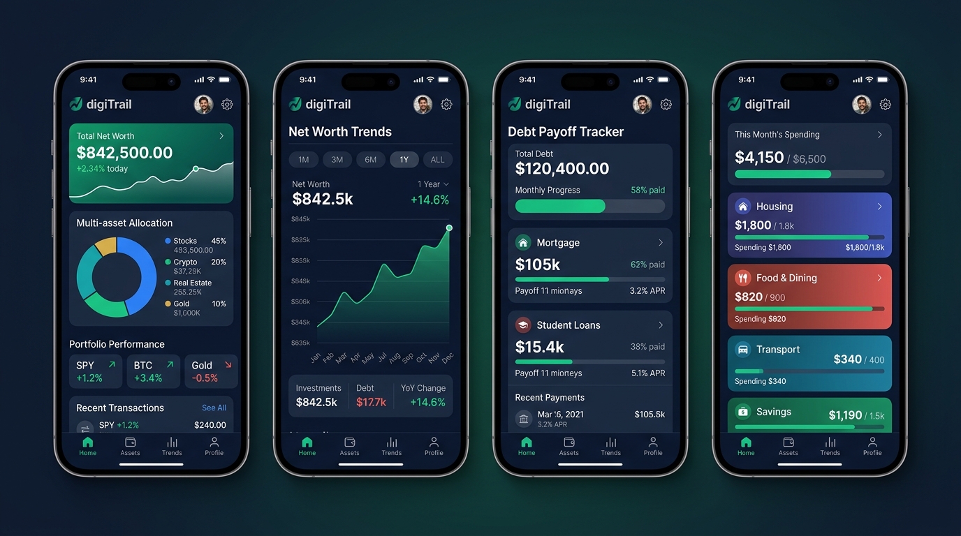digiTrail Portfolio and Wealth Mobile App Screens